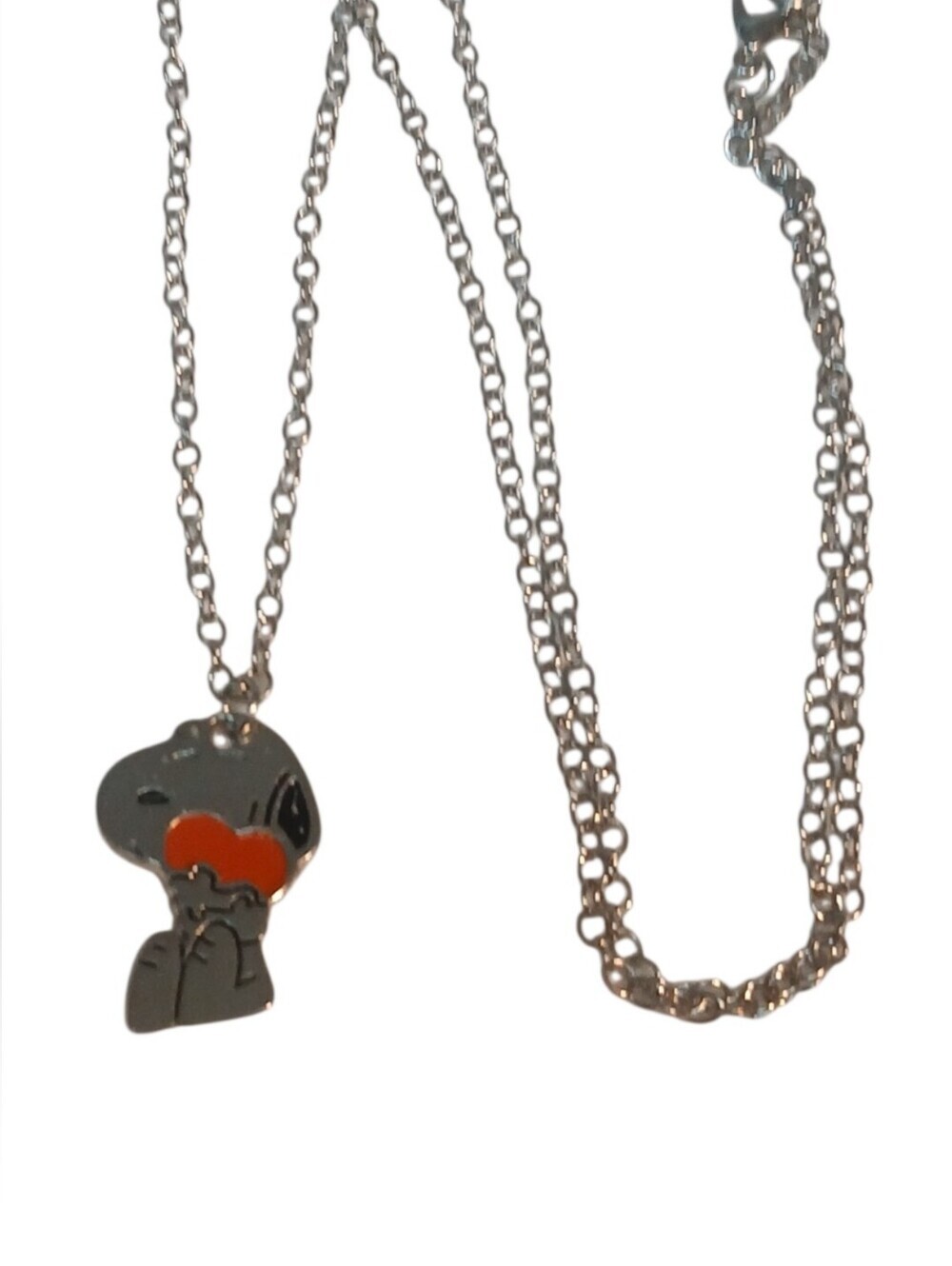 Peanuts -NWT,Sliver Colored Snoopy Necklace Holding a Heart, 24"Adjustable Chain